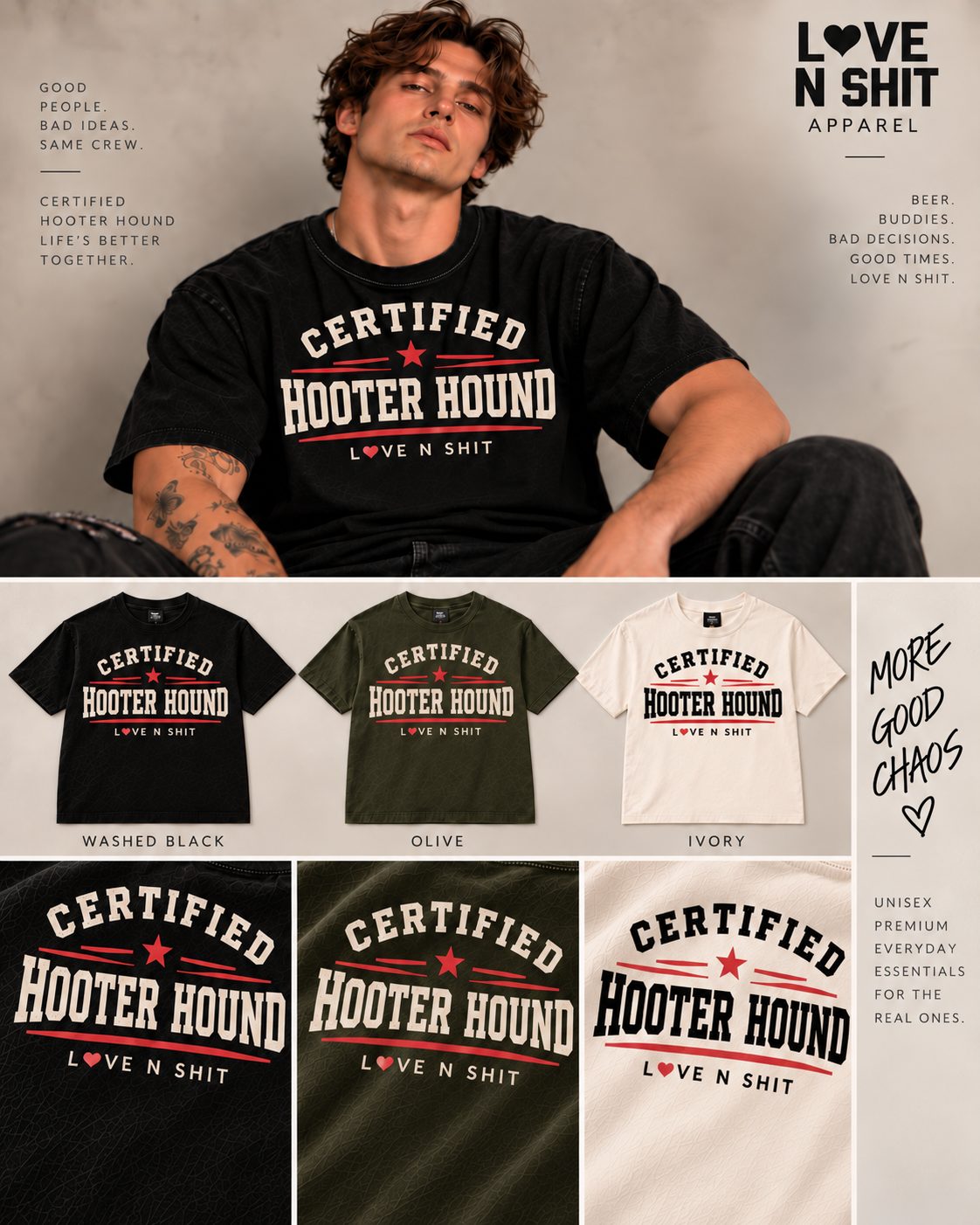 Certified Hooter Hound apparel campaign in washed black, olive, and ivory